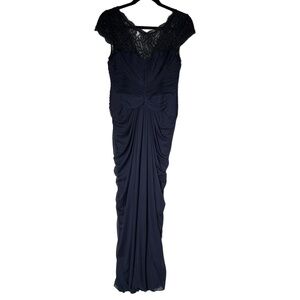 ADRIANNA PAPELL Gown Womens Size 8 Dark Blue Ruched Lace Cap Sleeve Formal